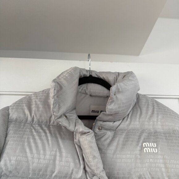 NWT Miu Miu Down Puffer Jacket Gray Nylon Sz 36 All-over Logo Drawstring - Picture 9 of 12